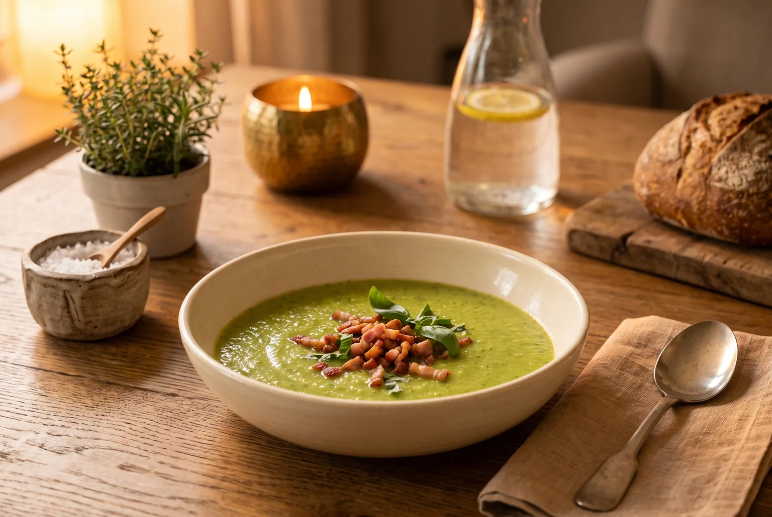 Kom courgettesoep met basilicum, krokante croutons en spek.