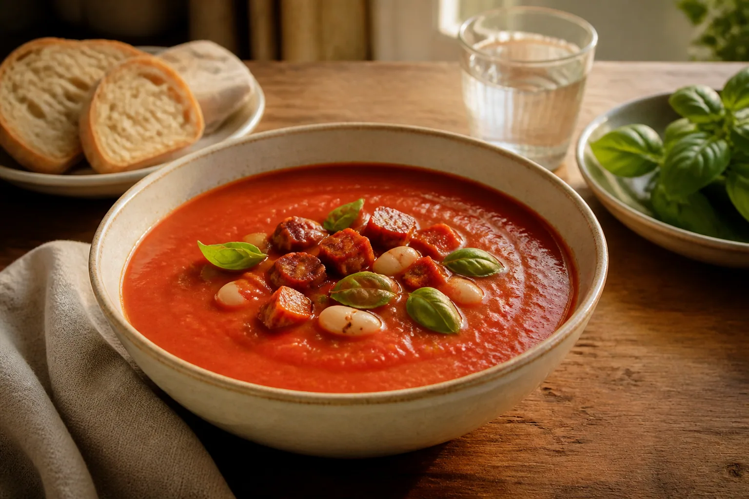 Kom geroosterde tomaat-paprikasoep met witte bonen, chorizo en basilicum.